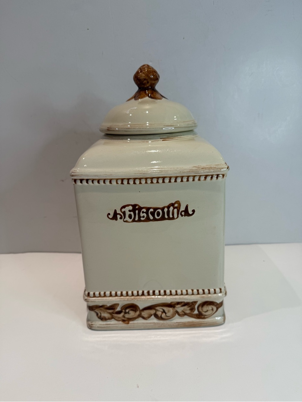 Vintage Ceramic Biscotti Cookie Jar Canister Ivory Brown Scroll Accents